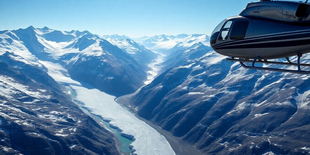 Helicopter flying over a vast Alaskan glacier and mountains.