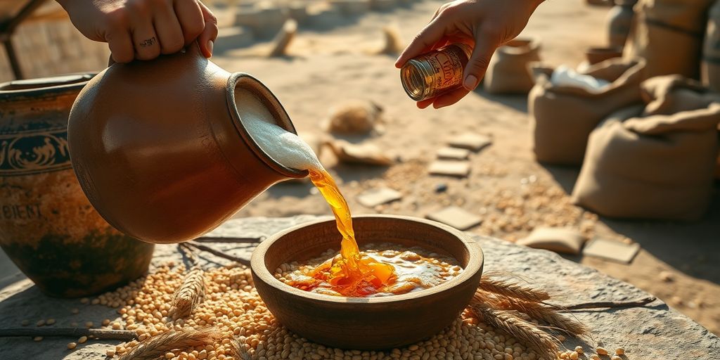 Hands pouring frothy beer from clay vessel over barley grains