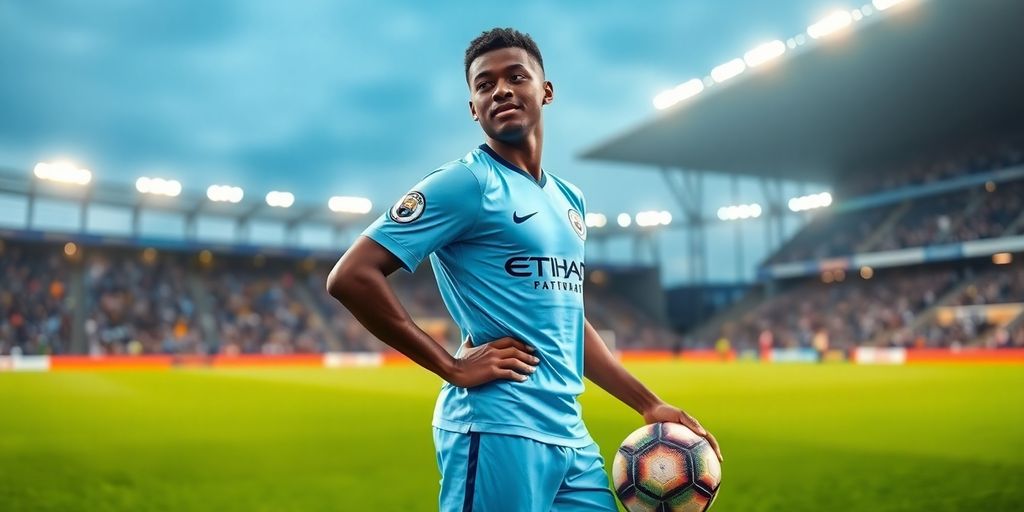 Soccer player in Manchester City uniform smiling.
