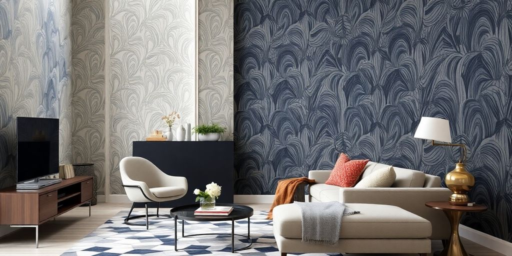 Interior moderno com papel de parede elegante e estampas.