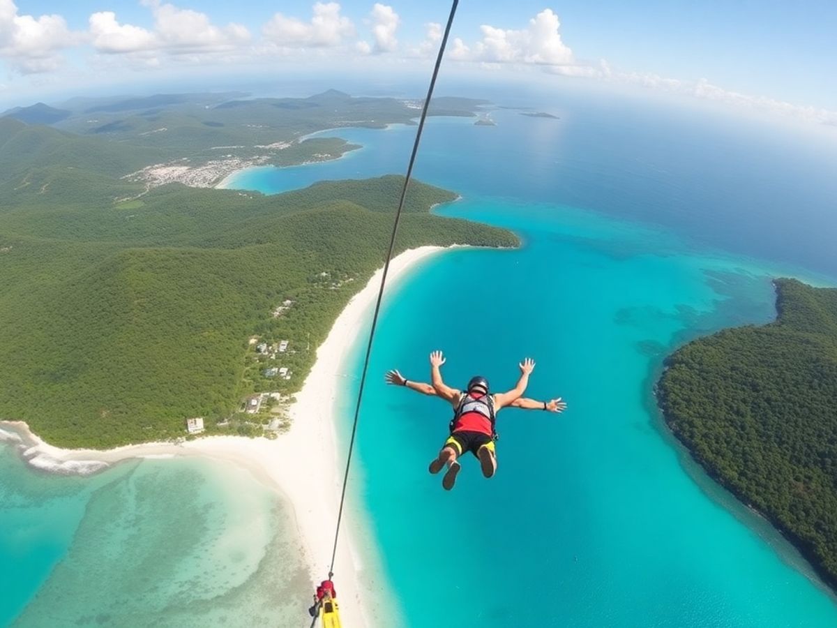 A skydiver landing on the beach in Airlie Beach.