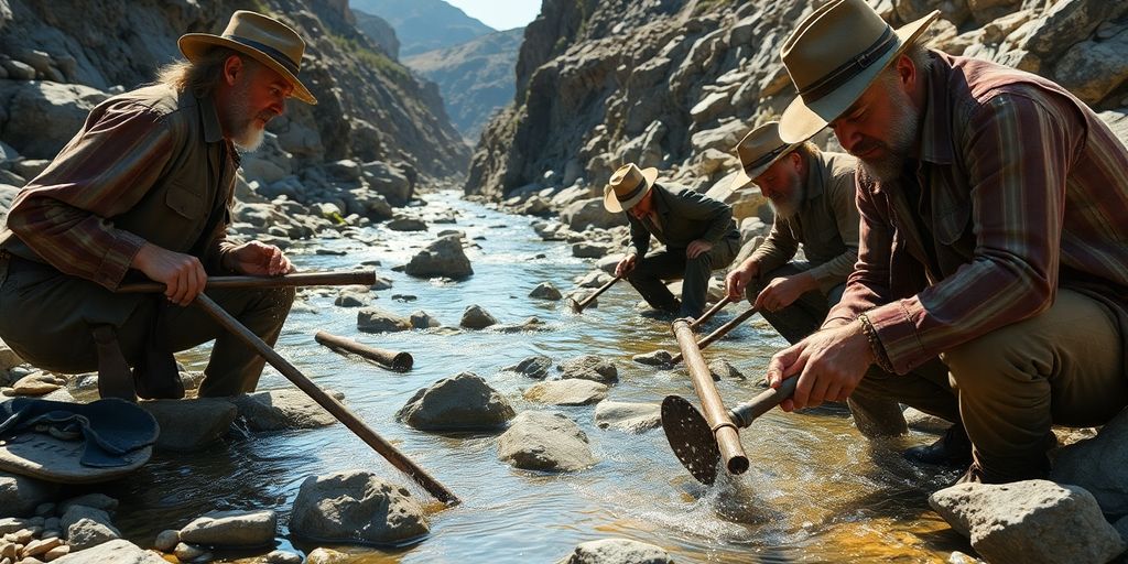 Hommes creusant dans une rivière, montagnes en arrière-plan.