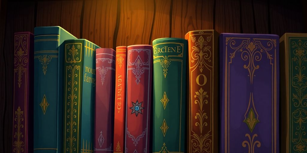 Fantasy book collection on a dark wooden shelf.