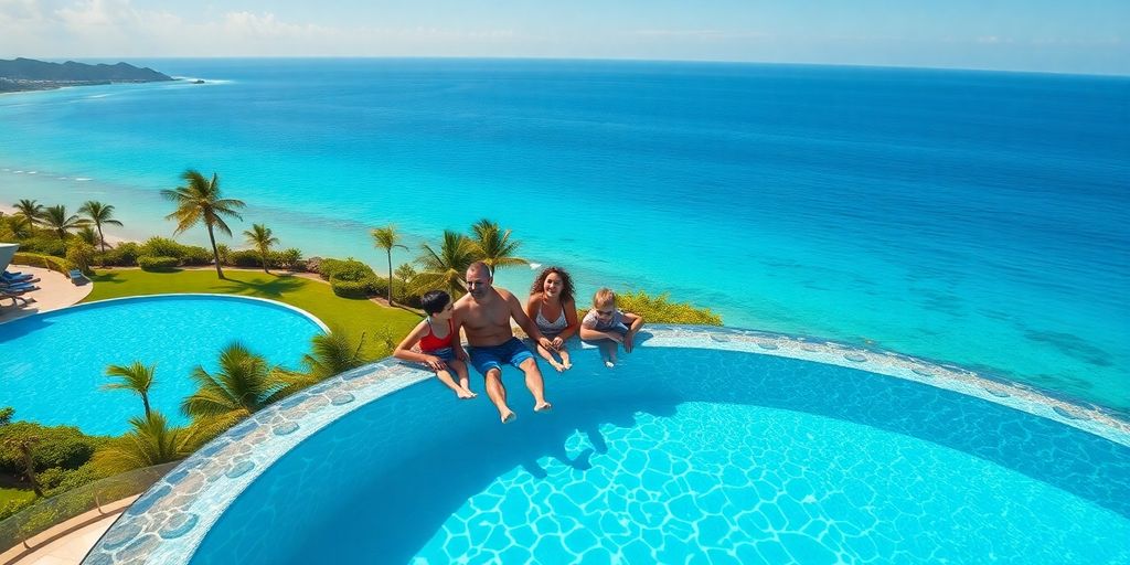 Family relaxing by infinity pool, ocean view.
