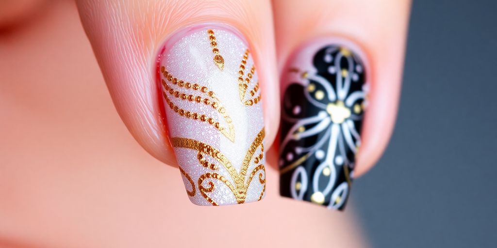 Close-up of nails with metallic accents and designs.