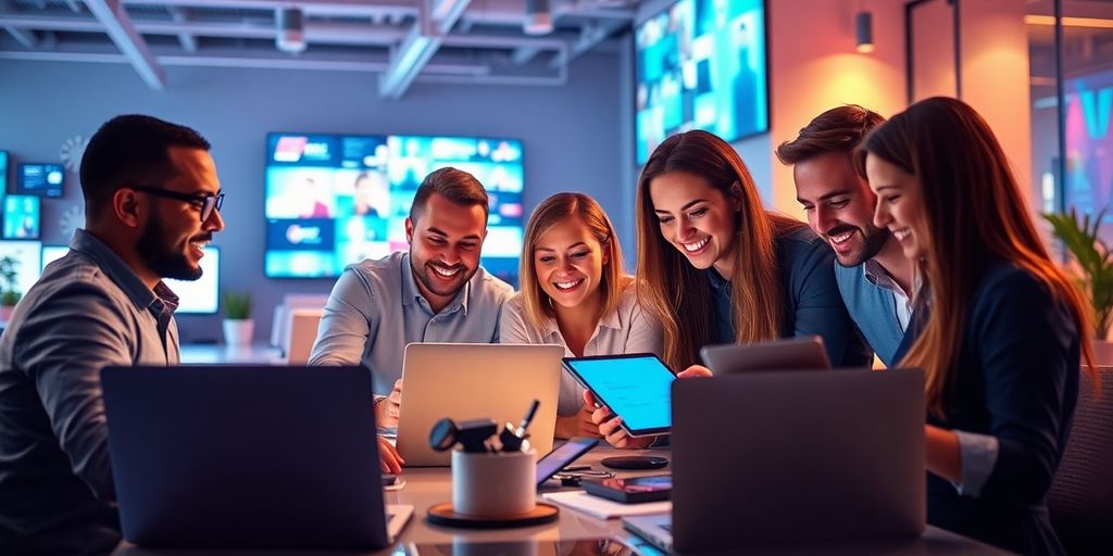 Profissionais de marketing digital colaborando em um ambiente moderno.