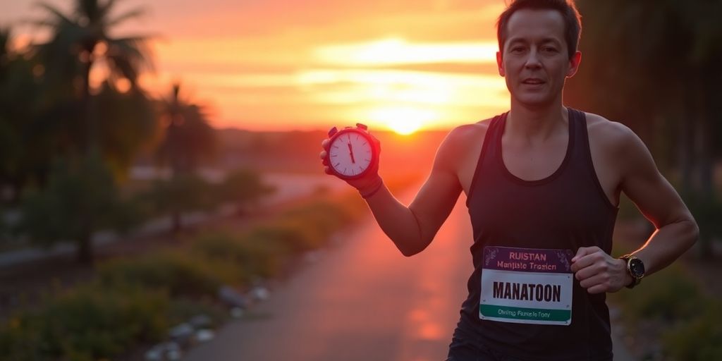 Runner pacing on a scenic path at sunrise.
