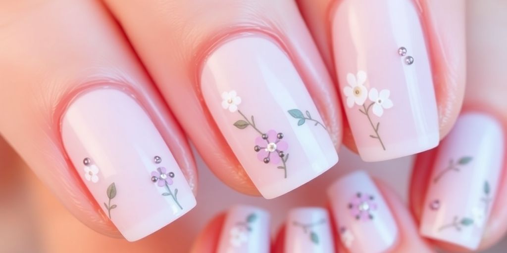 Close-up of light-colored decorated nails.