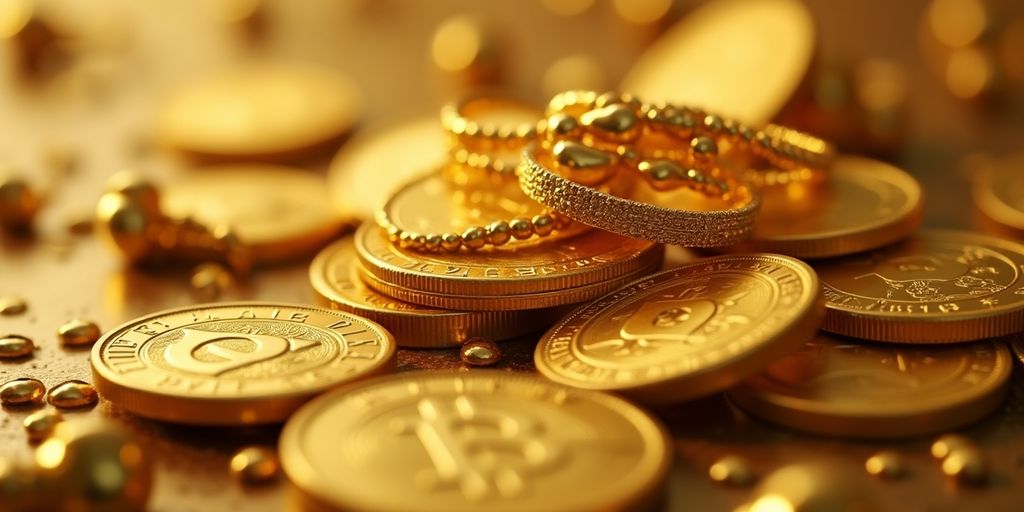 Des pièces de monnaie en or et bijoux brillants.