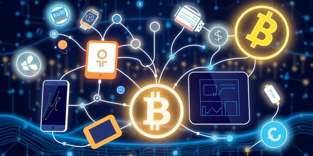 Illustrative image of iot devices and blockchain symbols.