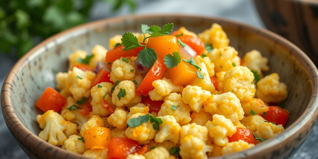 Curry cauliflower salad in a rustic bowl