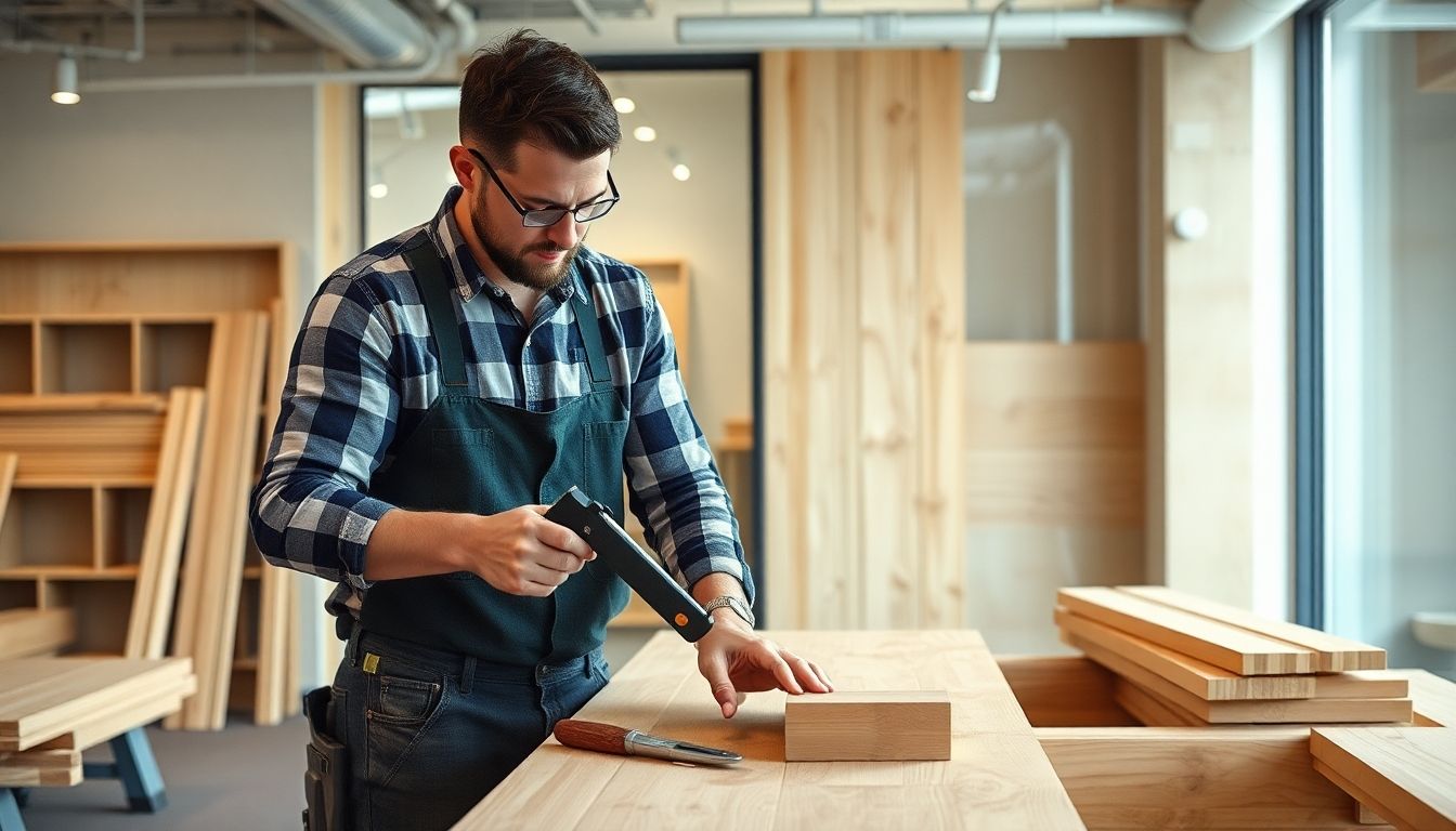 Carpenter using sustainable materials in an office fit-out.