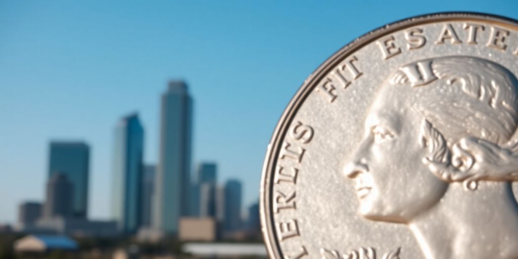 Close-up, silver dollar, error, Dallas skyline.