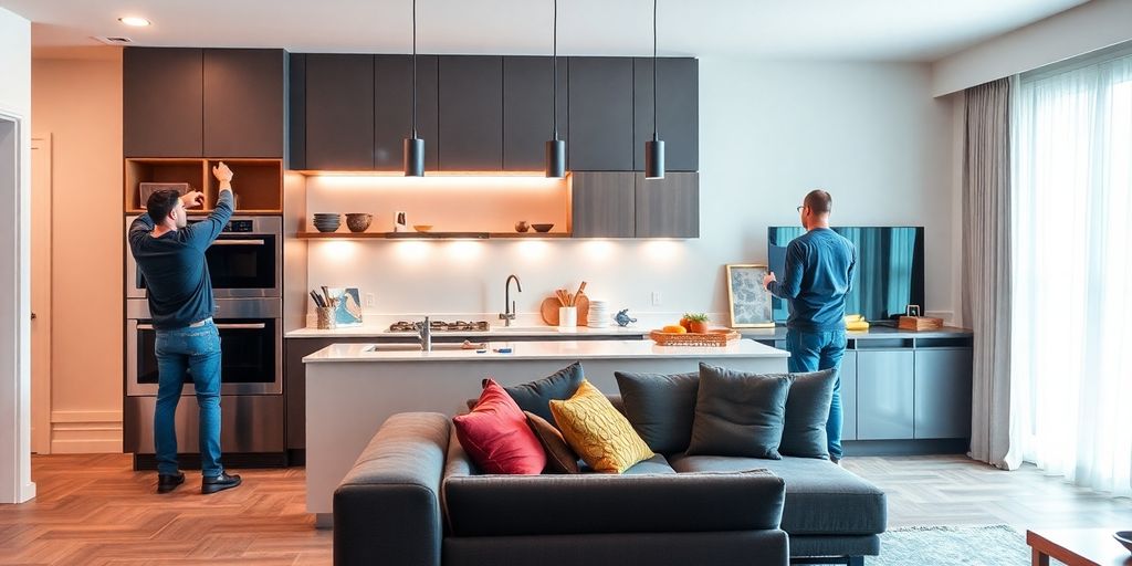 Modern kitchen remodel with workers and advanced technology.