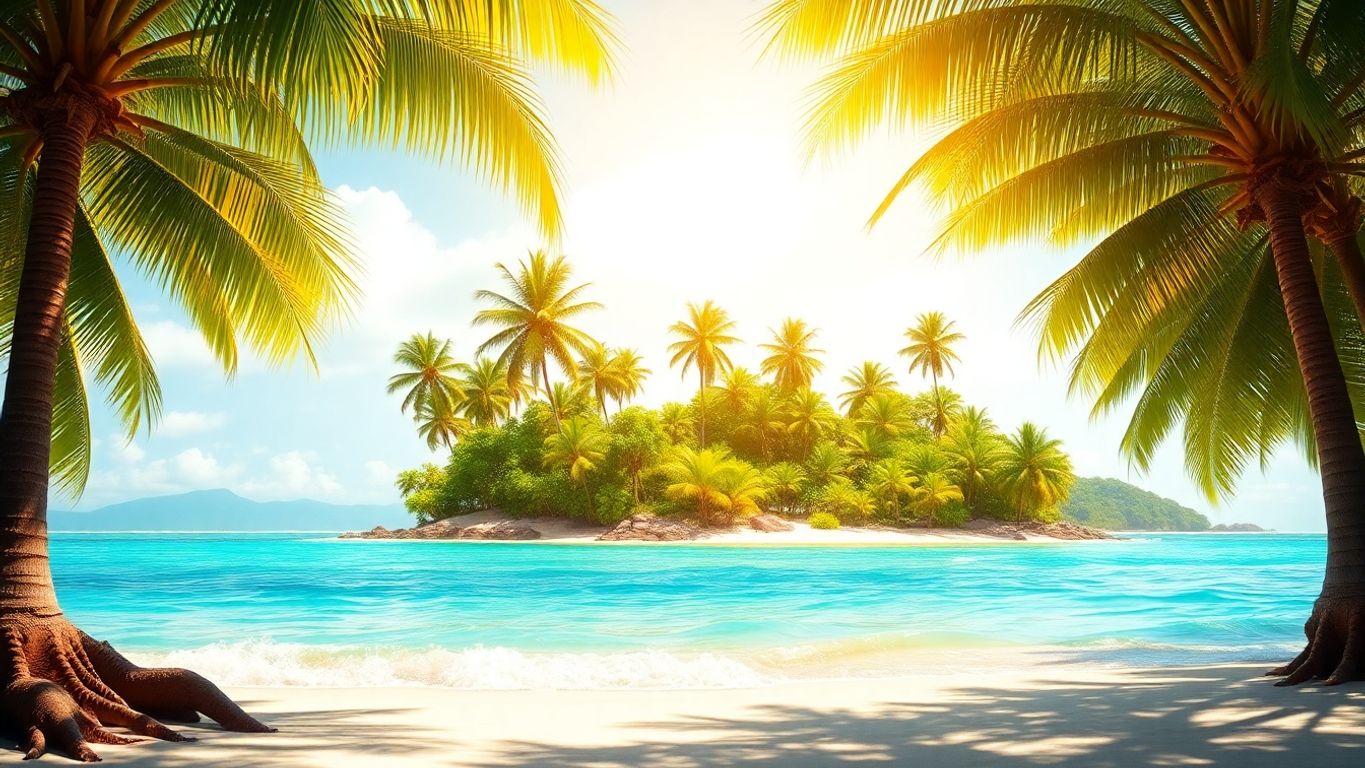 Tropical island with vibrant palm trees and clear blue water.