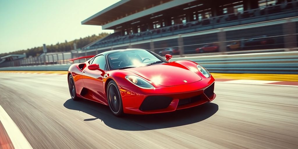 A red race car driving on a track.