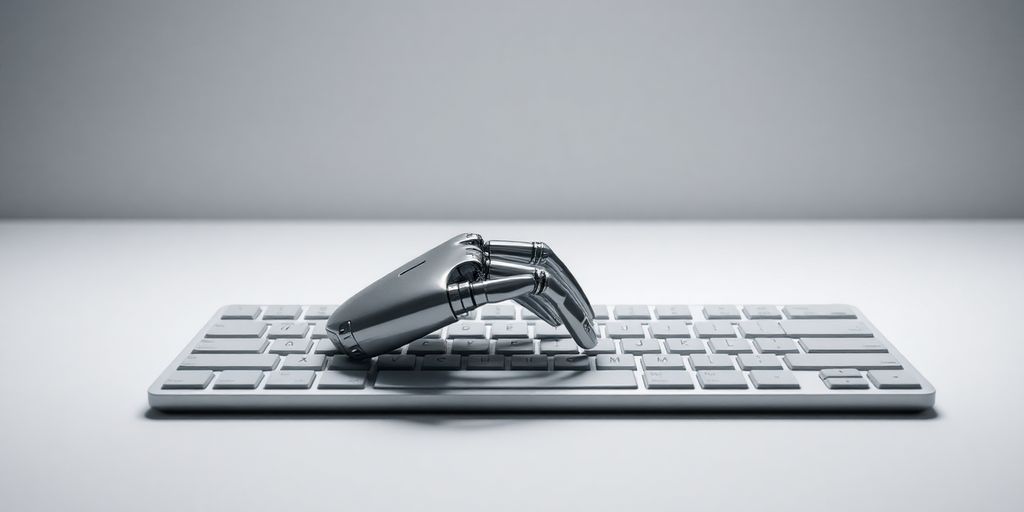 Minimalistic robotic hand on keyboard.