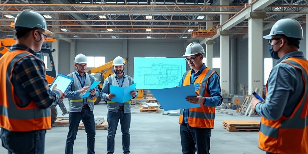 Moderne Baustelle mit digitalen Technologien und Arbeitern.