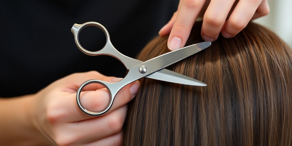 Stylist precisely cutting hair with scissors.