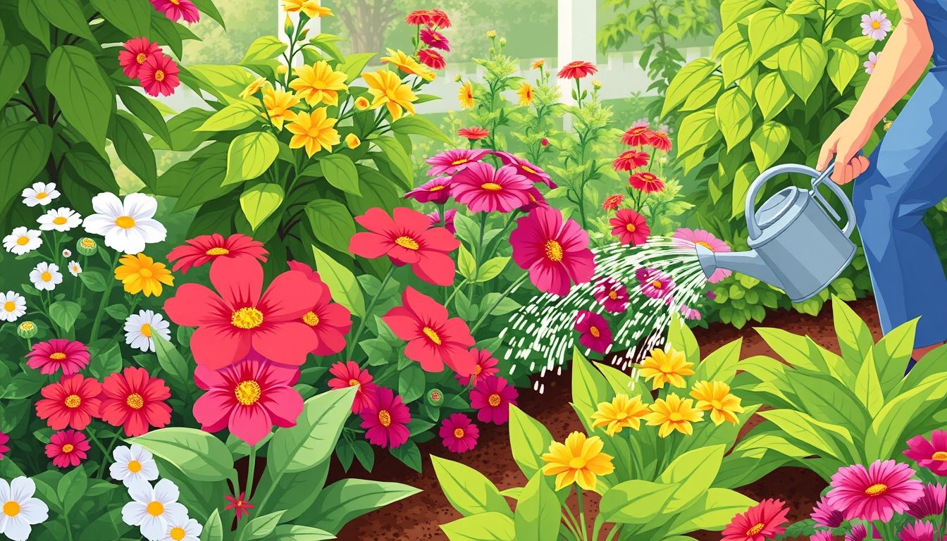 Gardener watering vibrant garden plants and flowers.