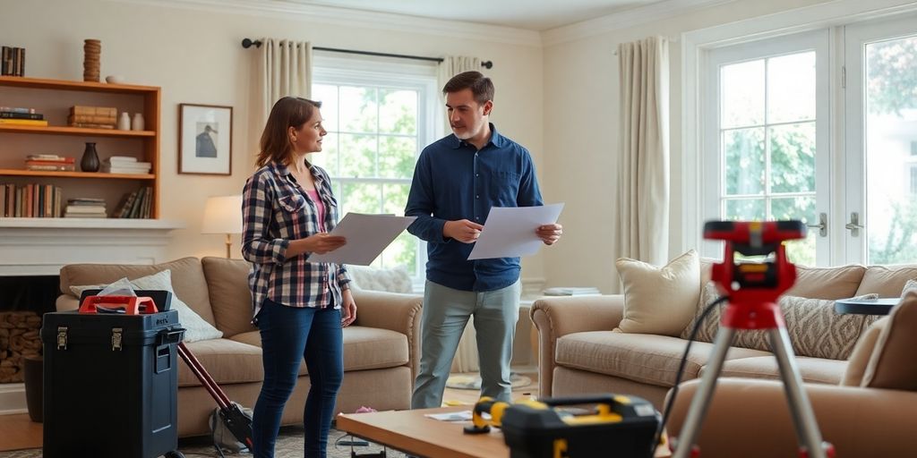 Homeowner consulting with restoration professional in living room.