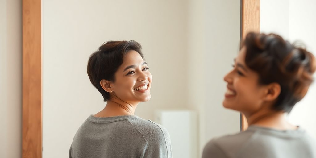 Woman looking in mirror, confident smile.