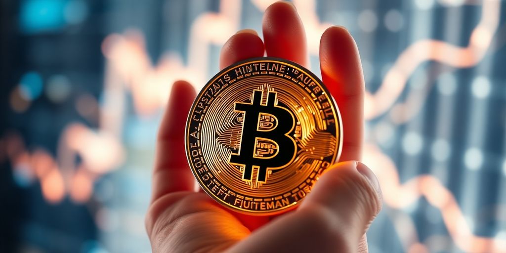 Human hand reaching for a glowing cryptocurrency coin.