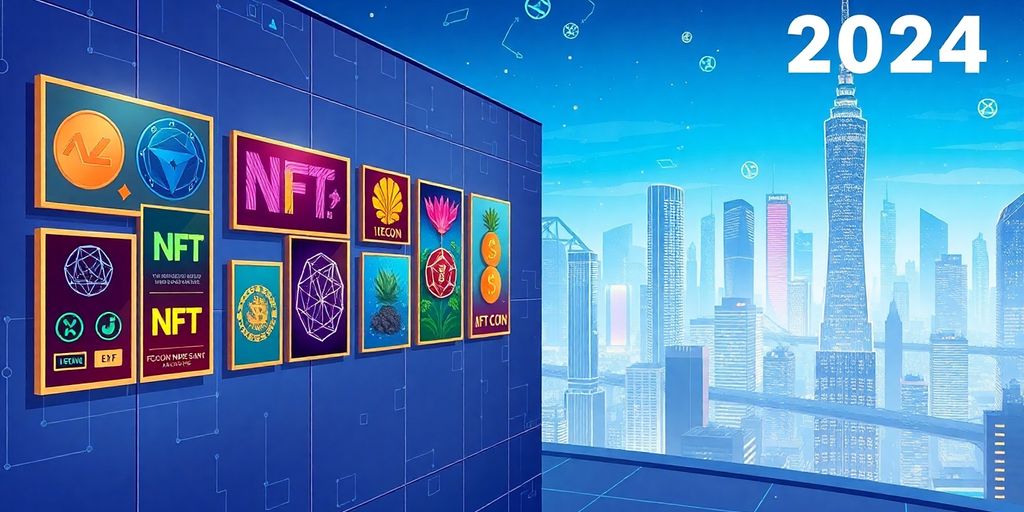 Colorful nfts in a virtual gallery with city skyline.