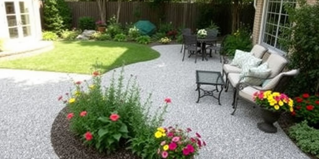 An outdoor space with exposed aggregate concrete and greenery.