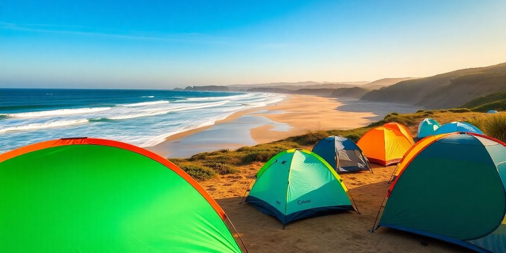 Zeltplatz am Meer in Südfrankreich unter sonnigem Himmel.