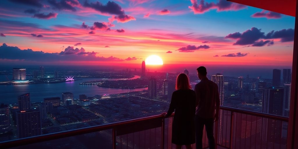 Sonnenuntergang über Vice City mit zwei Figuren.