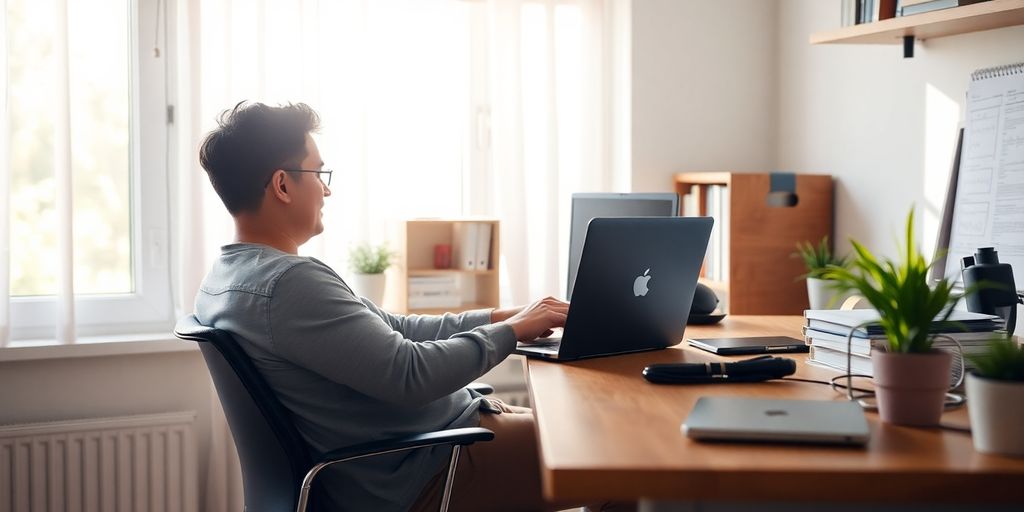 Person working on laptop with headphones