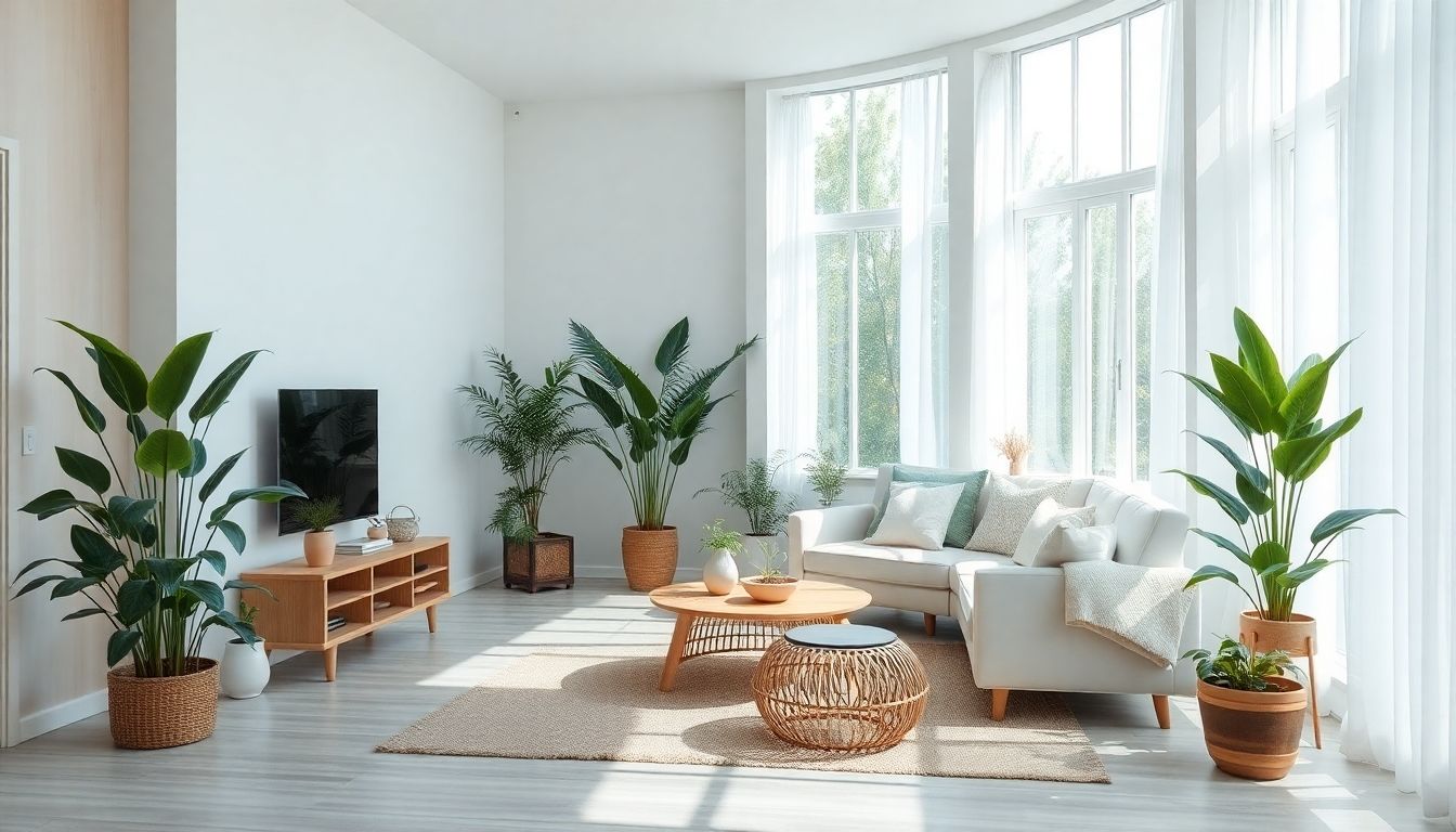 Bright living room with plants and eco-friendly decor.