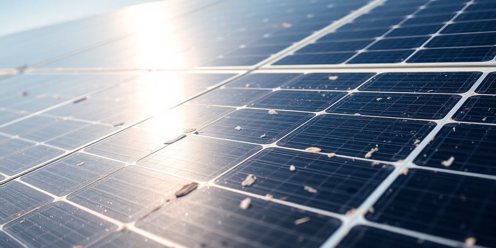 Close-up of degraded solar panels in sunlight.