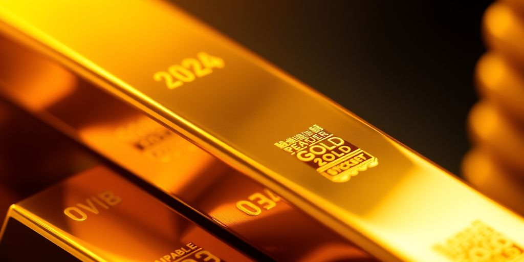 Gold bars stacked together reflecting light
