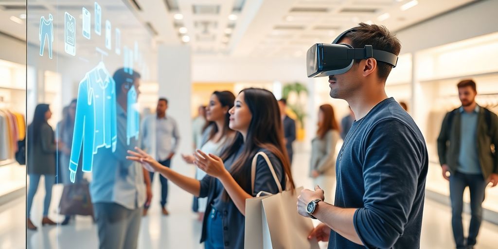 Shopper in VR headset, futuristic store.