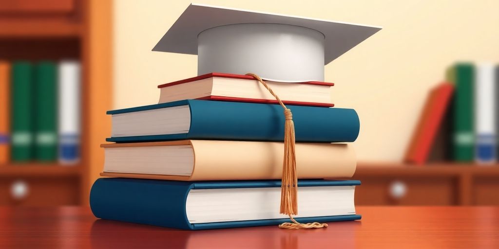 Graduation cap on a stack of financial books.