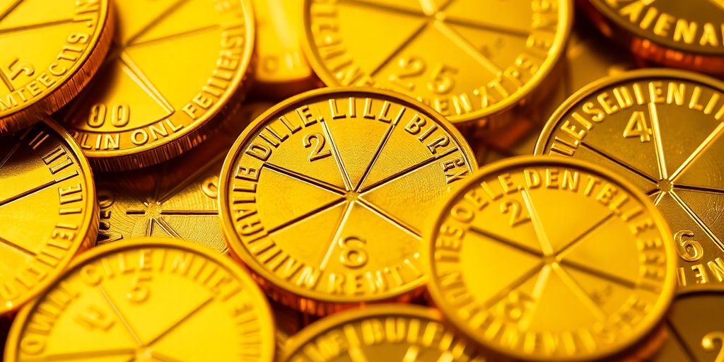 Pièces d'or divisées en fractions sur un fond neutre.