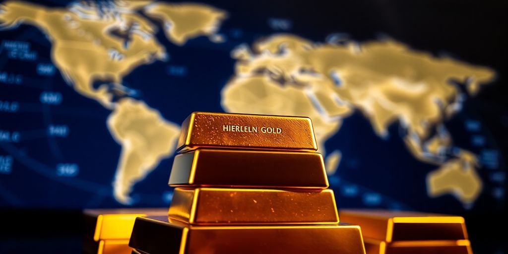 Barres d'or empilées sur une carte du monde floue.