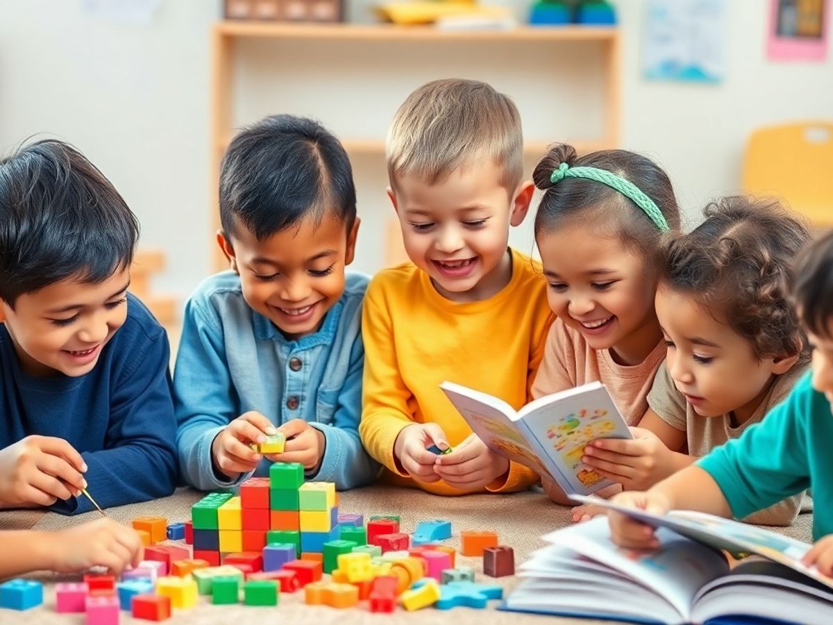 Copii jucându-se și învățând împreună.