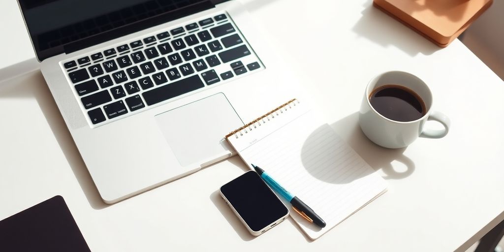 A bright workspace with a laptop and notepad.