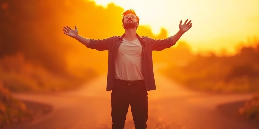 Person confidently exploring identity with warm light.