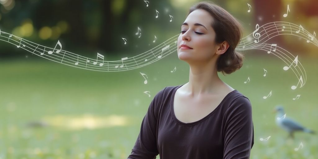 Person meditating with musical notes floating around.