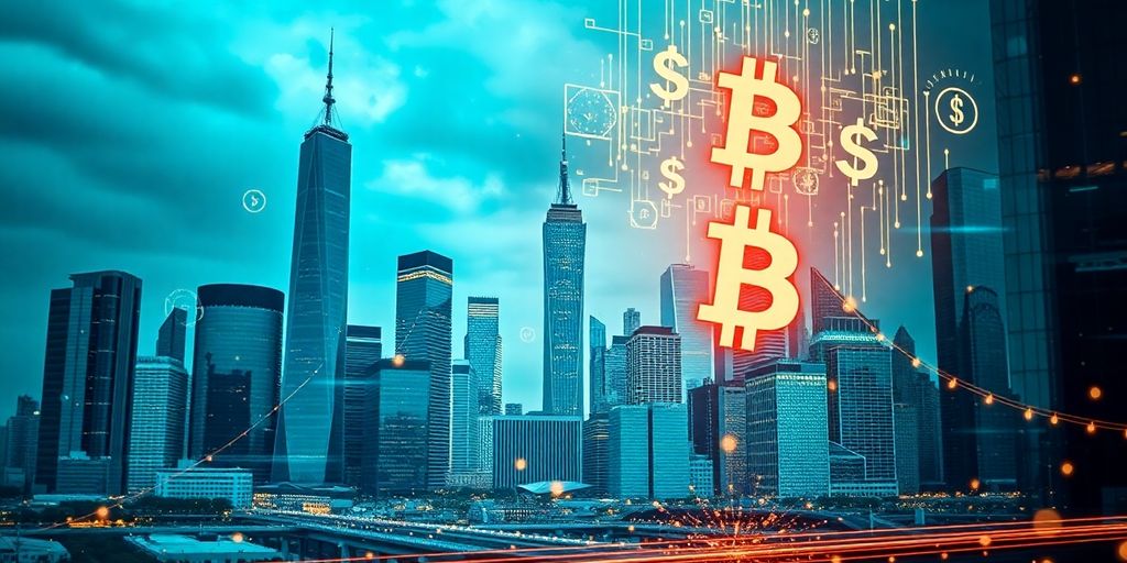 Digital finance blends with traditional banking in a city.