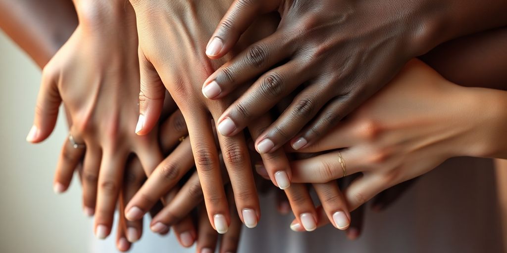 Diverse hands building a strong, interlinked financial foundation.