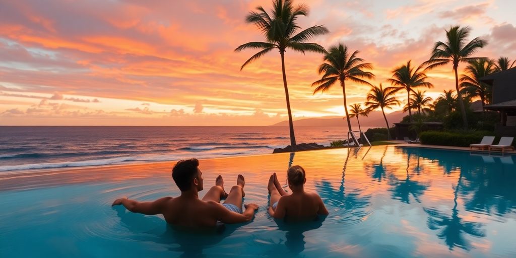 Couple relaxing at a Hawaiian resort pool.