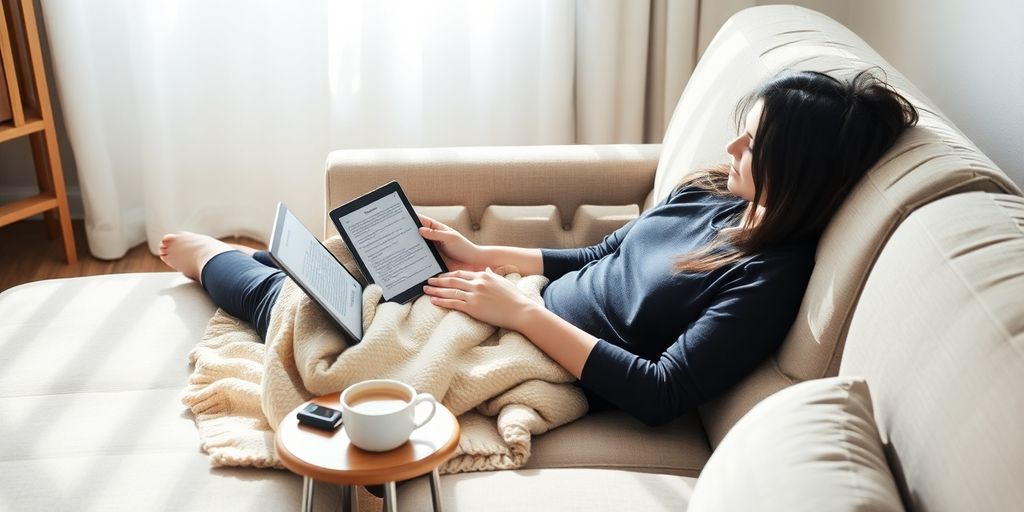 Person relaxing on couch, proofreading documents.