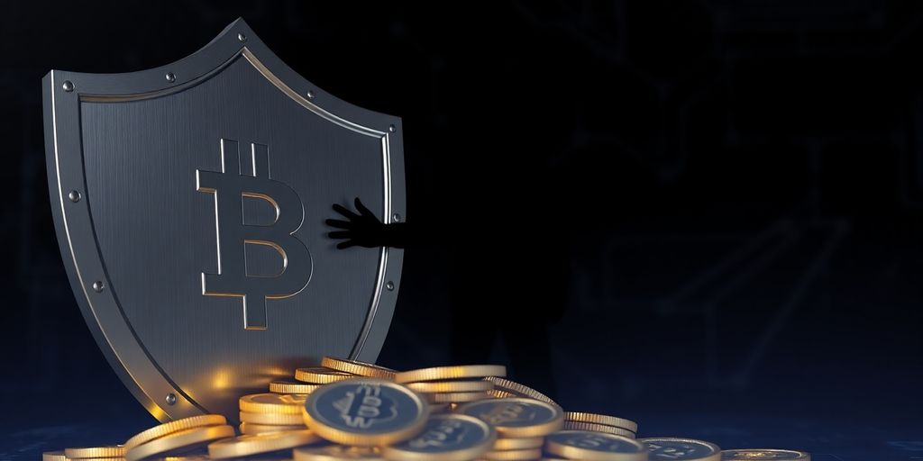 Shield protecting digital coins from shadowy figure.
