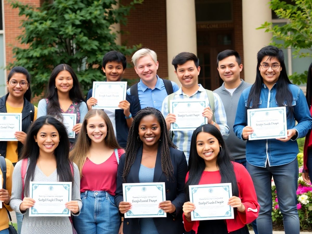 Students celebrating scholarship awards in front of university.