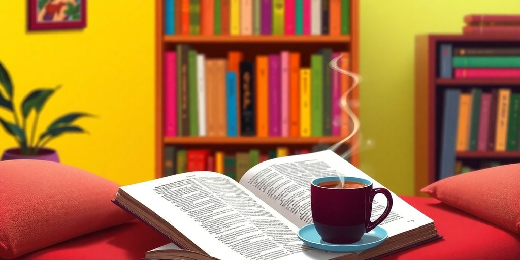 Cozy reading nook with a book and coffee.